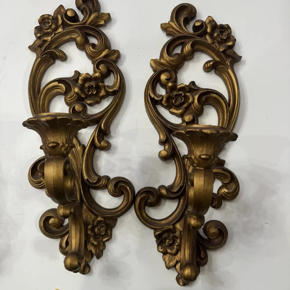 Vintage Homco Wall Sconces 2 Ornate Gold Scroll Candle Holders w/ Glass Votives